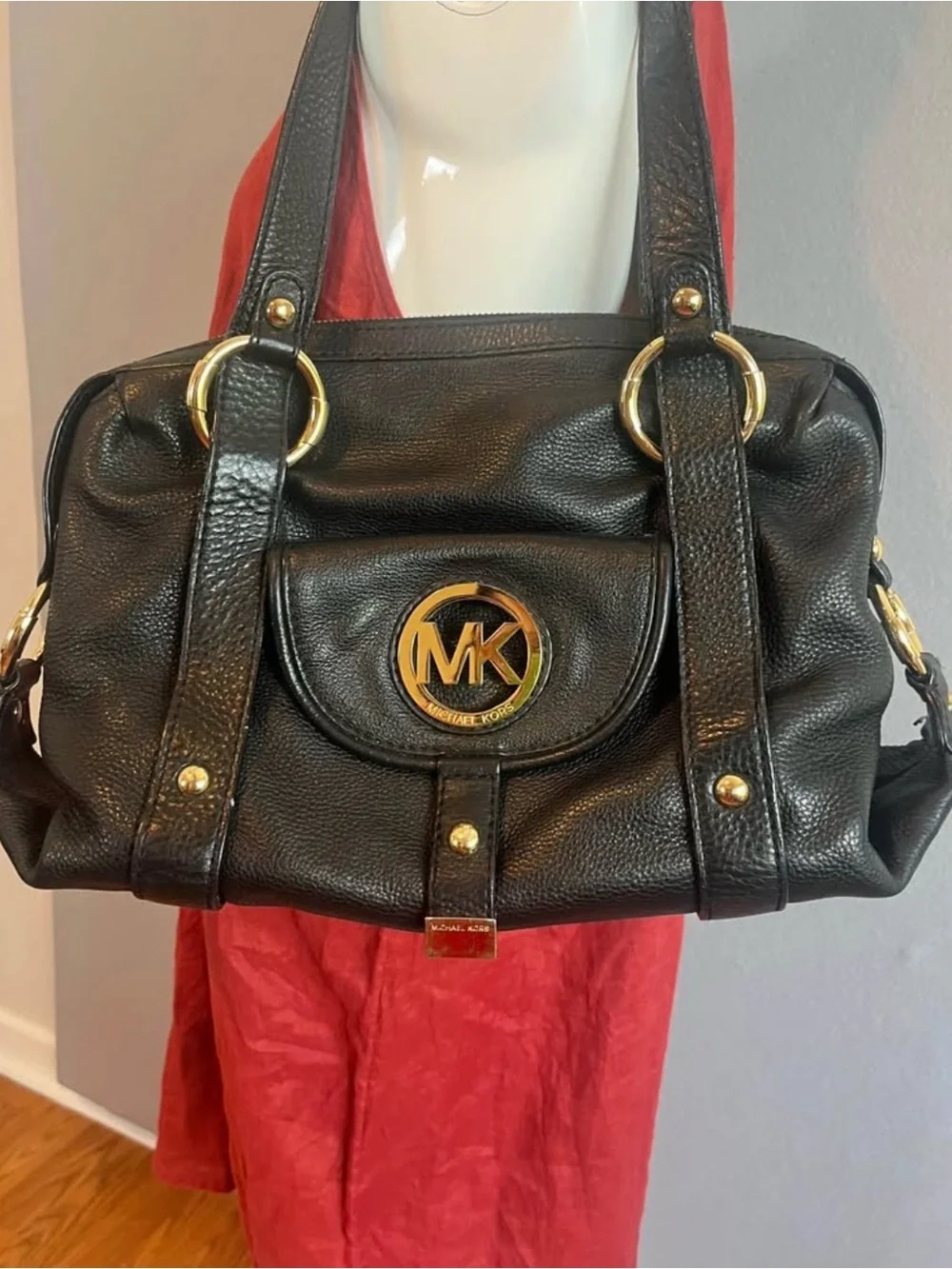 Michael Kors Fulton Black Leather Satchel Shoulder Bag Gold MK Circle Logo Hobo